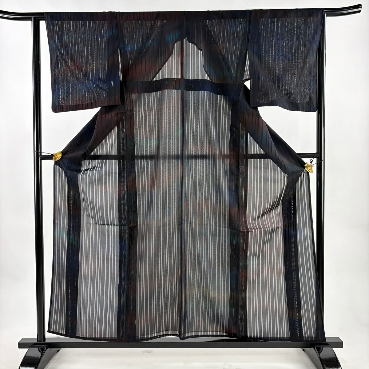 小紋 身長159cm 袖長63cm S 薄物 ますいわ屋 縱條 濃紫 純蠶絲 秀品級