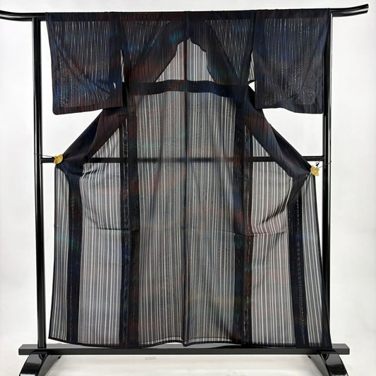 小紋 身長159cm 袖長63cm S 薄物 ますいわ屋 縱條 濃紫 純蠶絲 秀品級