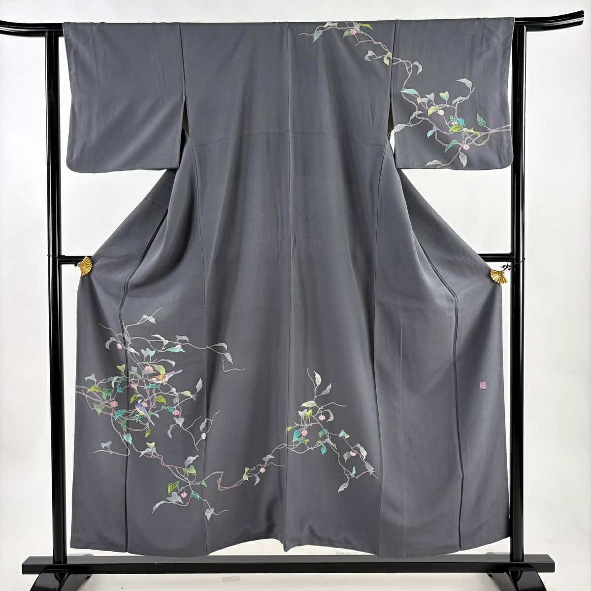 訪問服 身長156cm 袖長62.5cm S 雙層 落款あり 葉與實 鳥 灰色 純蠶絲 秀品級