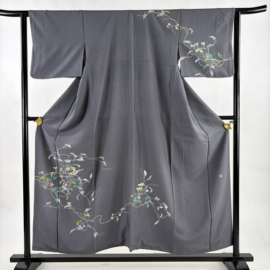訪問服 身長156cm 袖長62.5cm S 雙層 落款あり 葉與實 鳥 灰色 純蠶絲 秀品級