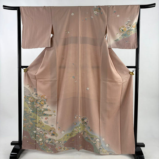 【美品】訪問服 身長166cm 袖長66cm M 雙層 雪輪 寶物滿載 金絲 金銀彩 粉米色 純蠶絲 秀品級
