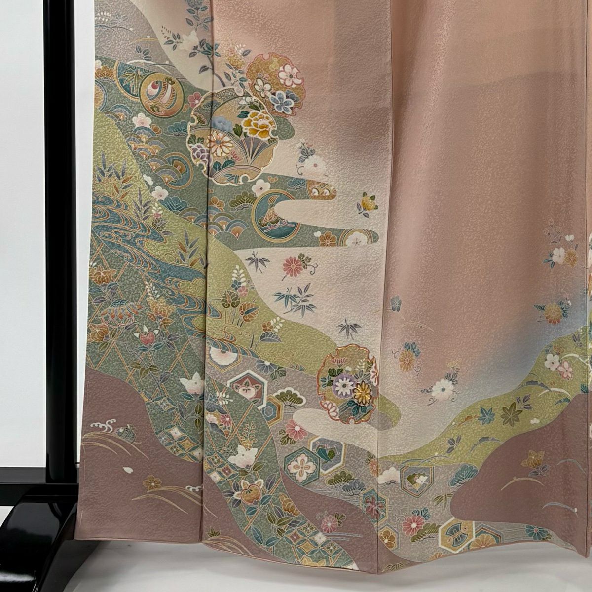 【美品】訪問服 身長166cm 袖長66cm M 雙層 雪輪 寶物滿載 金絲 金銀彩 粉米色 純蠶絲 秀品級