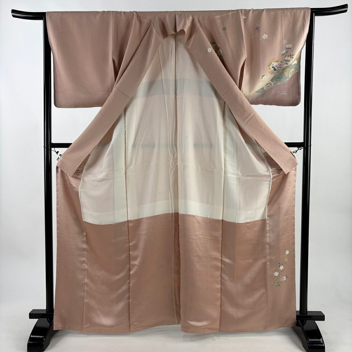 【美品】訪問服 身長166cm 袖長66cm M 雙層 雪輪 寶物滿載 金絲 金銀彩 粉米色 純蠶絲 秀品級