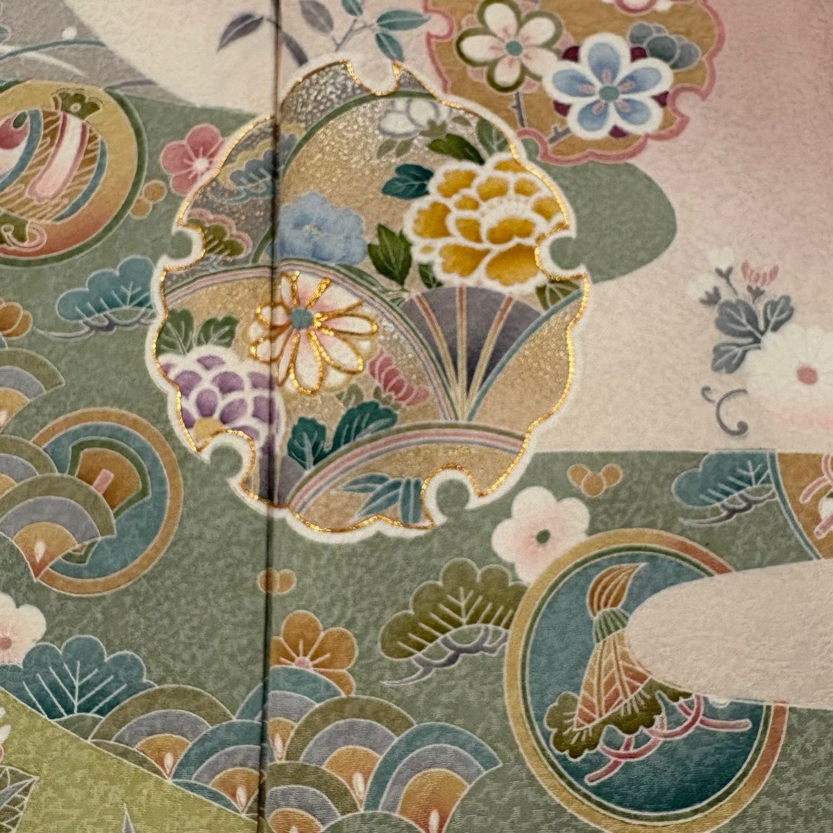 【美品】訪問服 身長166cm 袖長66cm M 雙層 雪輪 寶物滿載 金絲 金銀彩 粉米色 純蠶絲 秀品級
