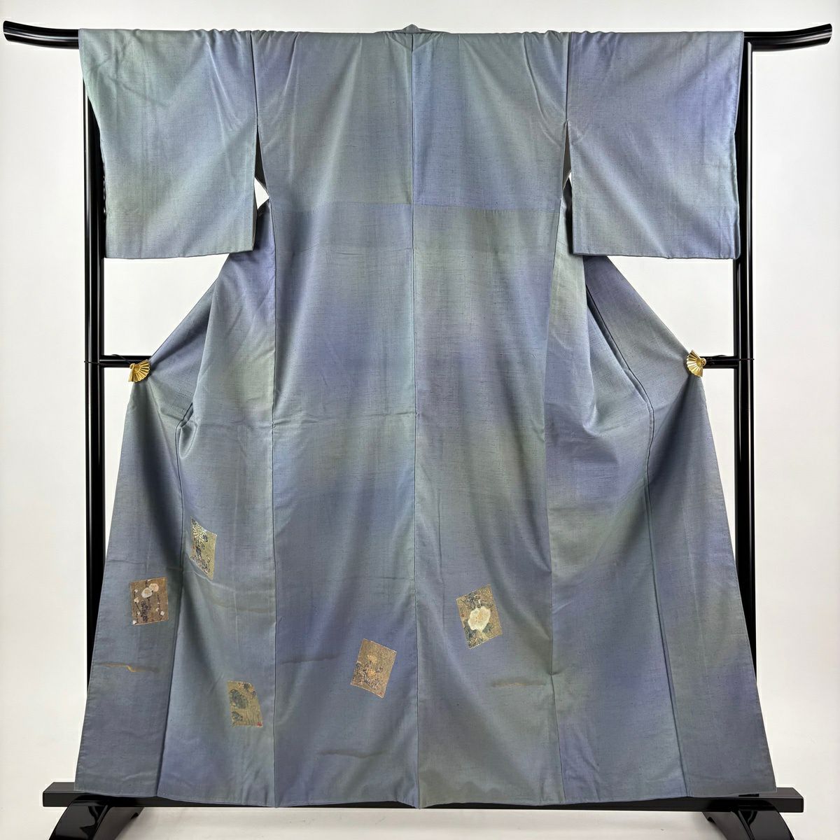 付下 身長159cm 袖長66.5cm M 雙層 紬織織 色紙 菊花花 金銀彩 漸層 青灰 純蠶絲 優品級