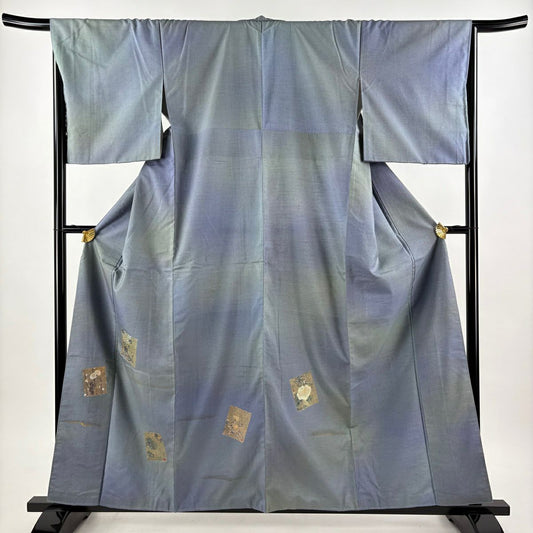 付下 身長159cm 袖長66.5cm M 雙層 紬織織 色紙 菊花花 金銀彩 漸層 青灰 純蠶絲 優品級
