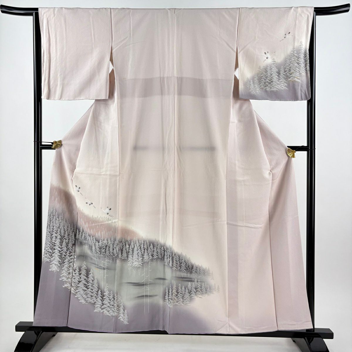 付下 身長158cm 袖長64cm M 雙層 樹木 仙鶴 金銀彩 漸層 淺粉色 純蠶絲 優品級