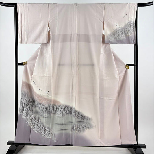 付下 身長158cm 袖長64cm M 雙層 樹木 仙鶴 金銀彩 漸層 淺粉色 純蠶絲 優品級