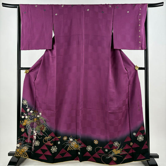 【美品】訪問服 身長164cm 袖長65cm M 雙層 千地泰弘 落款 花車 光悦垣 金銀彩 染分 紫 純蠶絲 秀品級