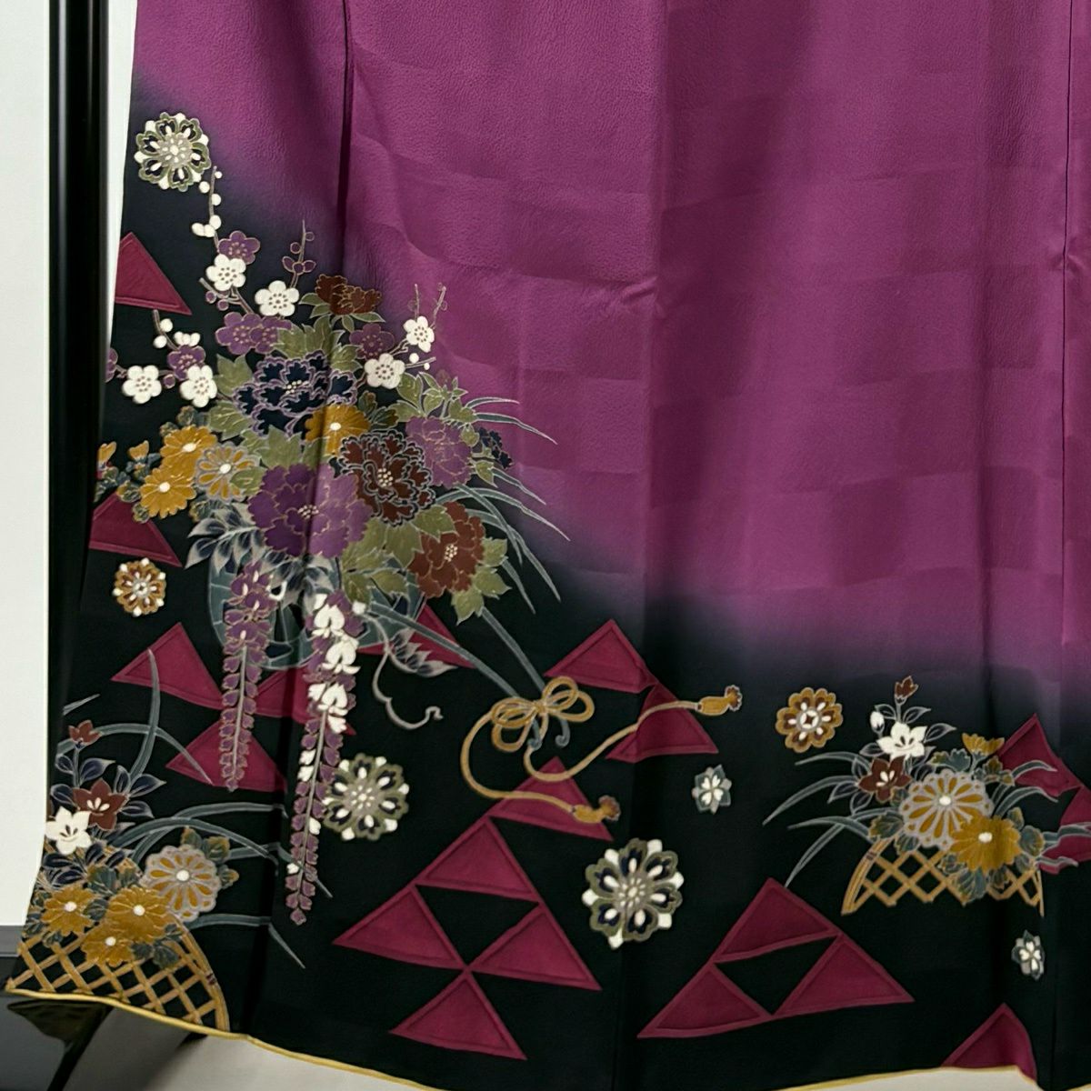 【美品】訪問服 身長164cm 袖長65cm M 雙層 千地泰弘 落款 花車 光悦垣 金銀彩 染分 紫 純蠶絲 秀品級