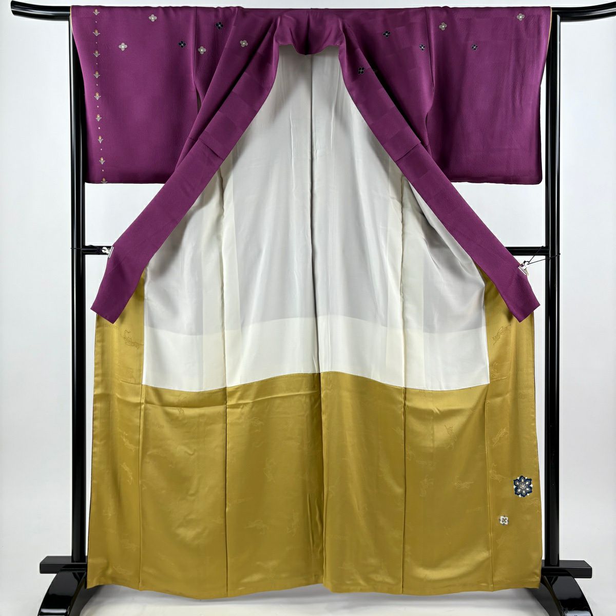 【美品】訪問服 身長164cm 袖長65cm M 雙層 千地泰弘 落款 花車 光悦垣 金銀彩 染分 紫 純蠶絲 秀品級