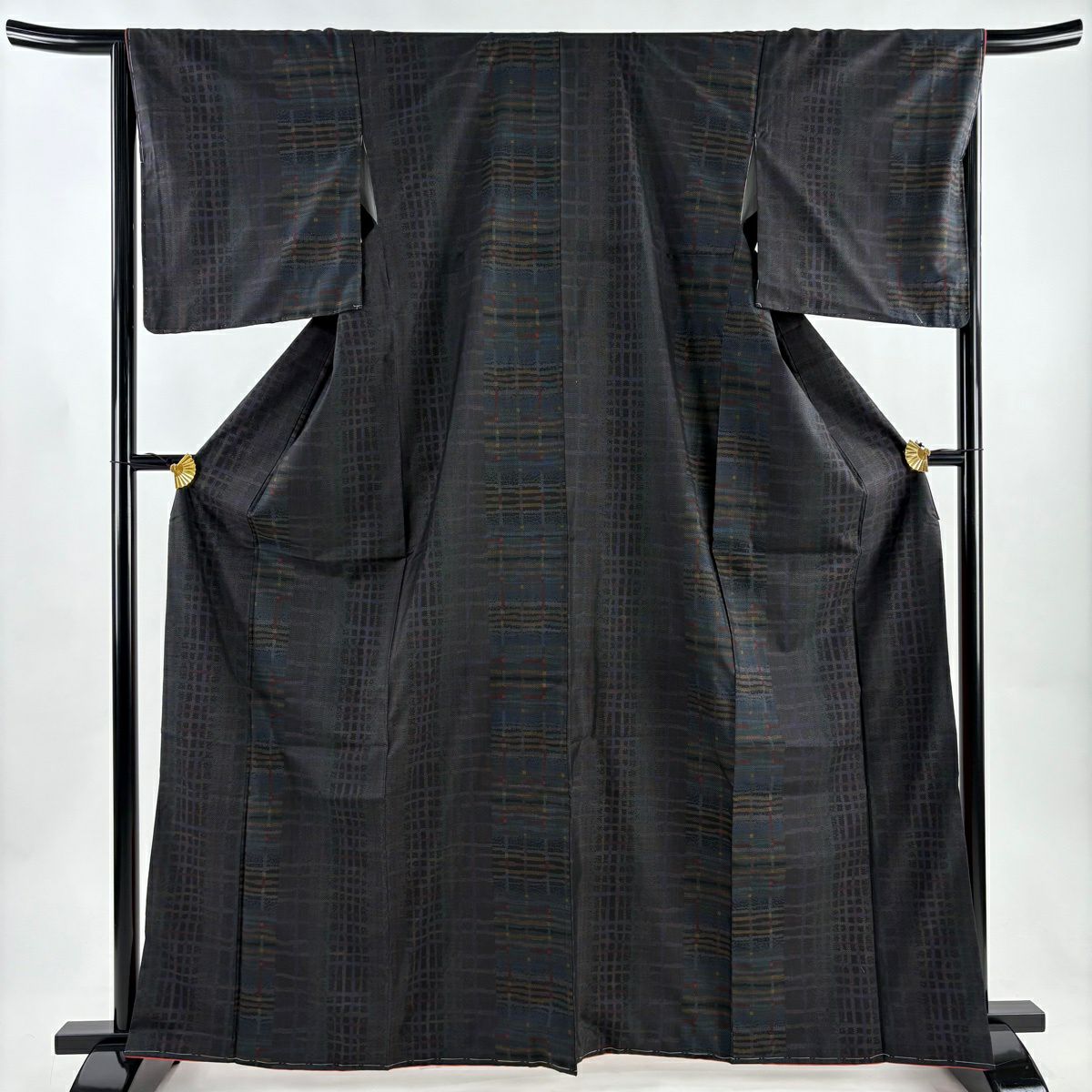【美品】 紬織 身長164.5cm 袖長64cm M 雙層 格子 墨 黑 純蠶絲 秀品級