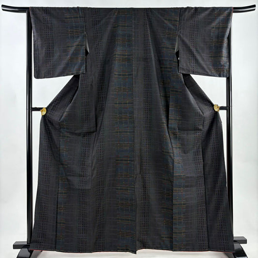 【美品】 紬織 身長164.5cm 袖長64cm M 雙層 格子 墨 黑 純蠶絲 秀品級