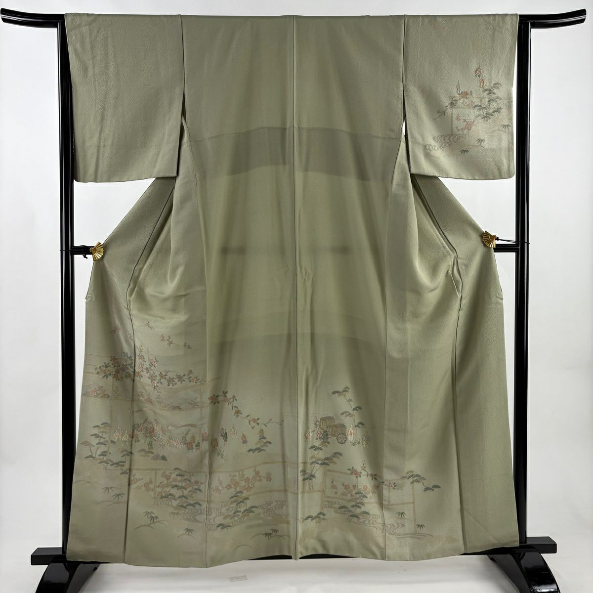 付下 身長159cm 袖長63.5cm S 雙層 人物 松樹竹子梅花 刺繡 金糸 淺綠 純蠶絲 優品級