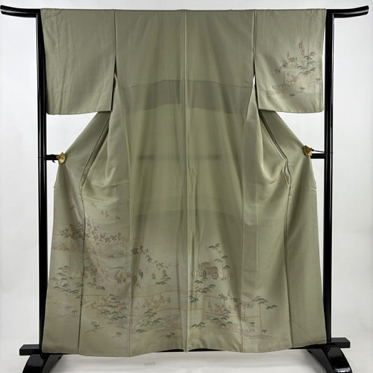 付下 身長159cm 袖長63.5cm S 雙層 人物 松樹竹子梅花 刺繡 金糸 淺綠 純蠶絲 優品級