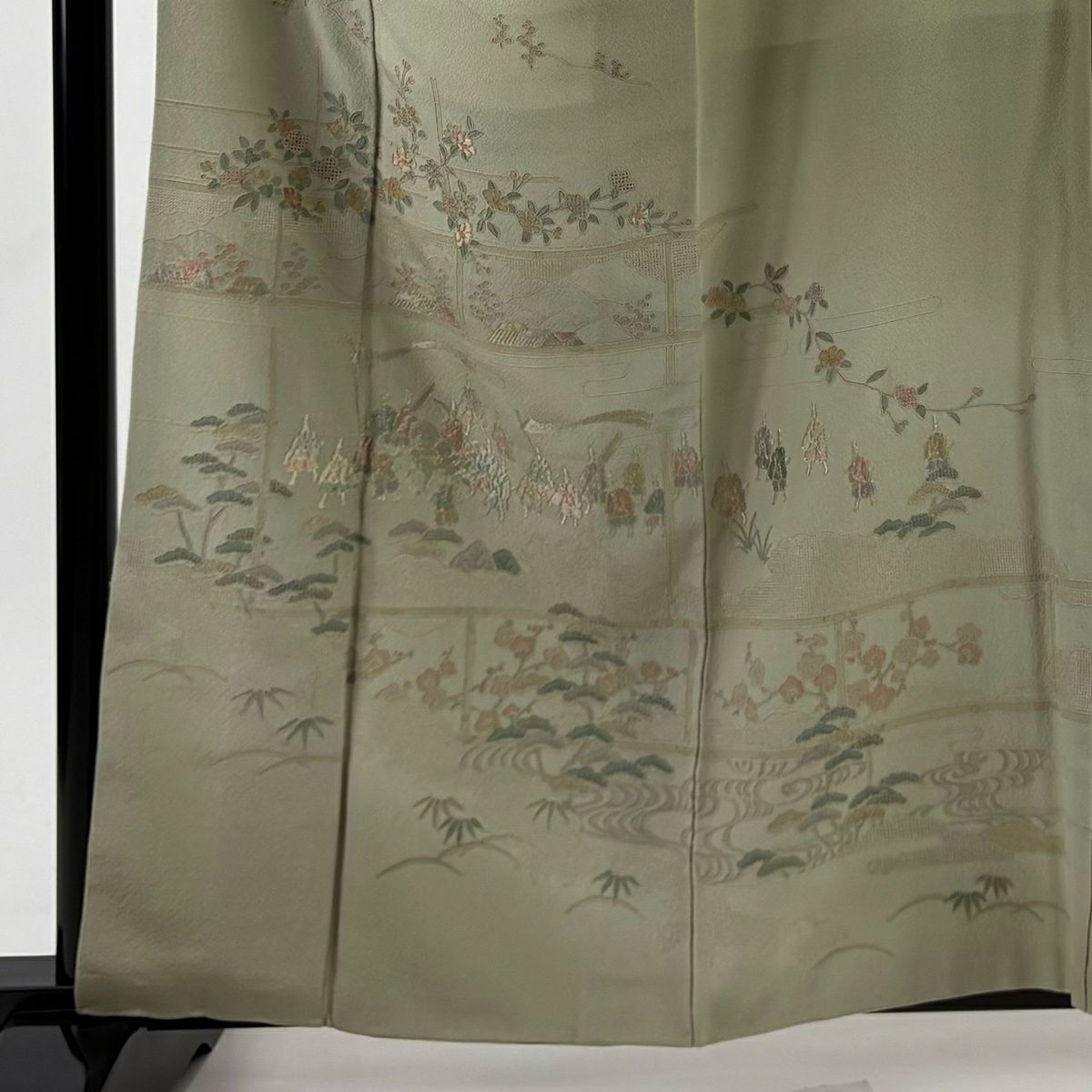 付下 身長159cm 袖長63.5cm S 雙層 人物 松樹竹子梅花 刺繡 金糸 淺綠 純蠶絲 優品級