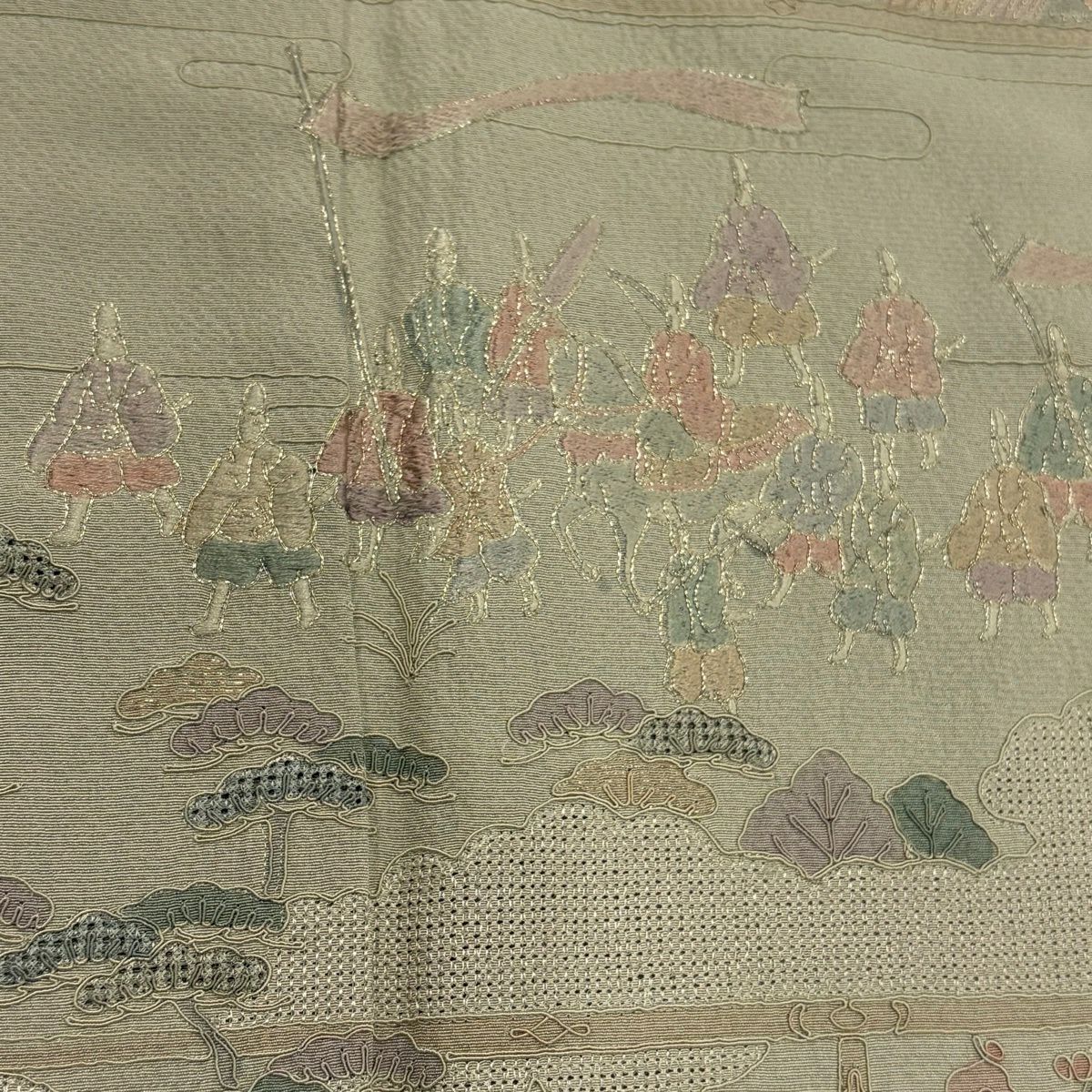 付下 身長159cm 袖長63.5cm S 雙層 人物 松樹竹子梅花 刺繡 金糸 淺綠 純蠶絲 優品級