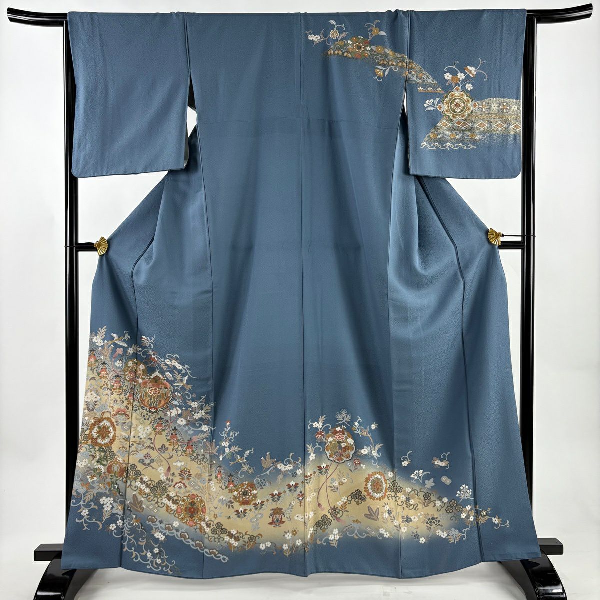 訪問服 身長163.5cm 袖長65cm M 雙層 向鳥 草花紋紋 金彩裝飾 金絲 青灰色 純蠶絲 秀品級