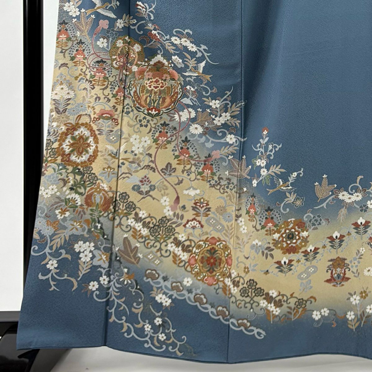 訪問服 身長163.5cm 袖長65cm M 雙層 向鳥 草花紋紋 金彩裝飾 金絲 青灰色 純蠶絲 秀品級