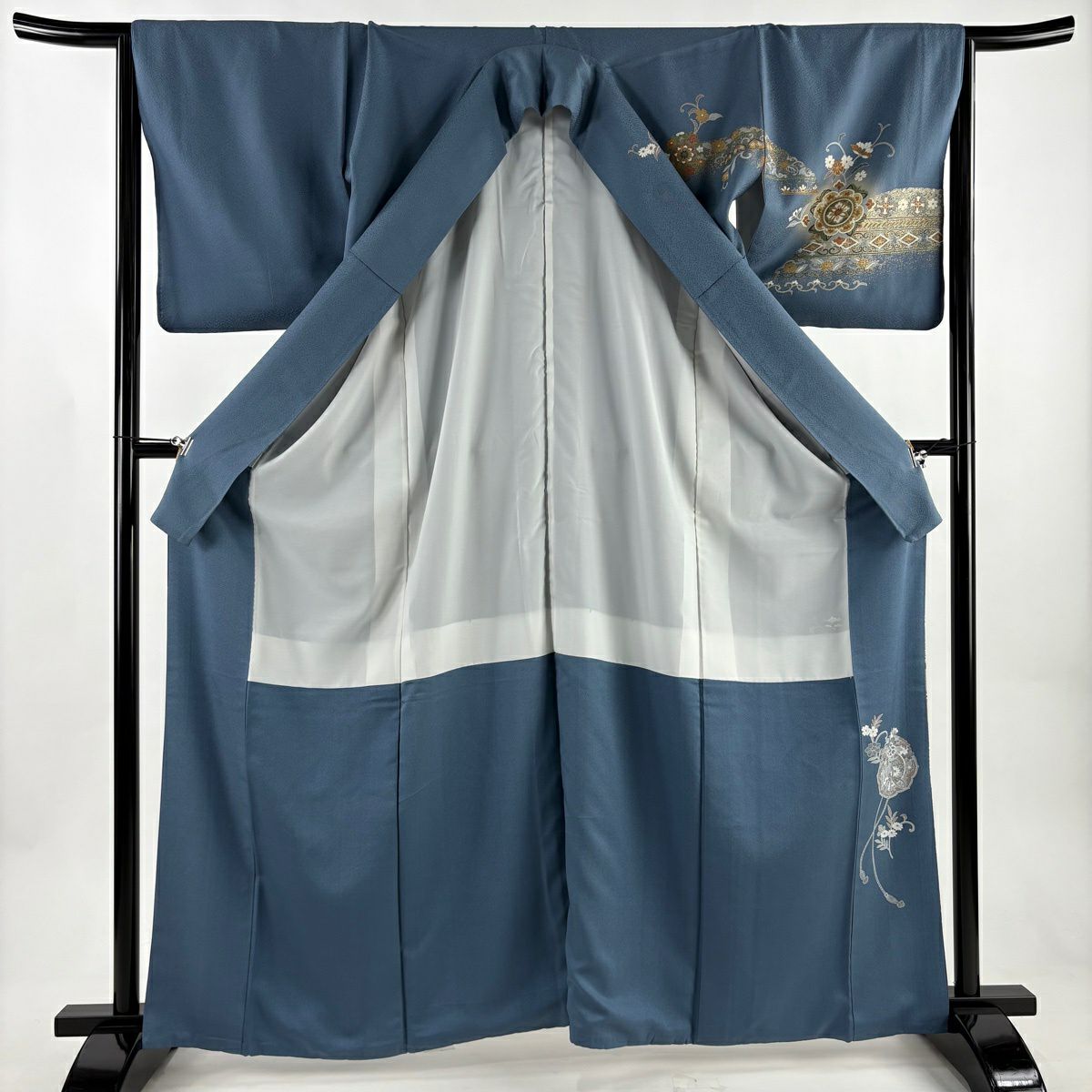 訪問服 身長163.5cm 袖長65cm M 雙層 向鳥 草花紋紋 金彩裝飾 金絲 青灰色 純蠶絲 秀品級