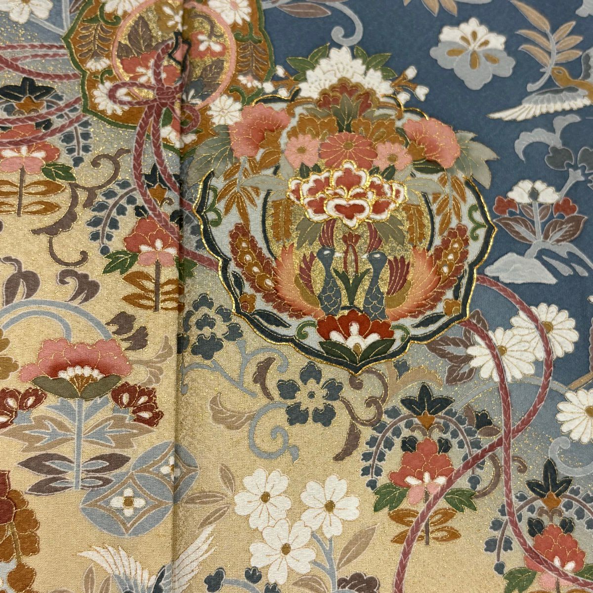 訪問服 身長163.5cm 袖長65cm M 雙層 向鳥 草花紋紋 金彩裝飾 金絲 青灰色 純蠶絲 秀品級