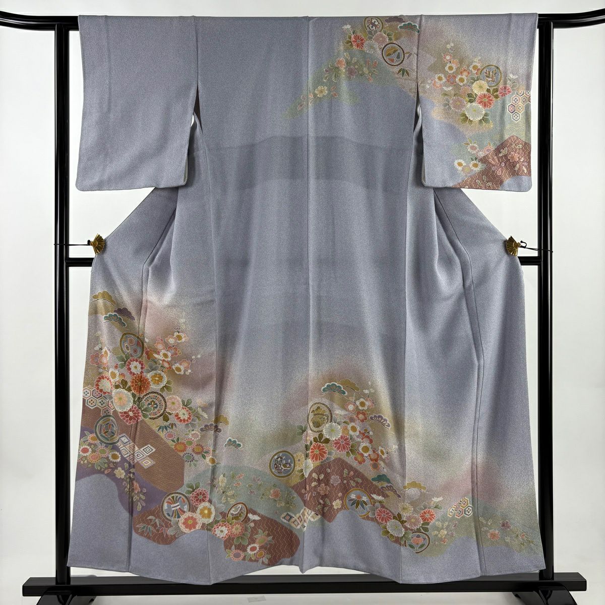 訪問服 身長154.5cm 袖長61cm S 雙層 菊花 青海波 金絲 金銀彩 青灰 純蠶絲 秀品級