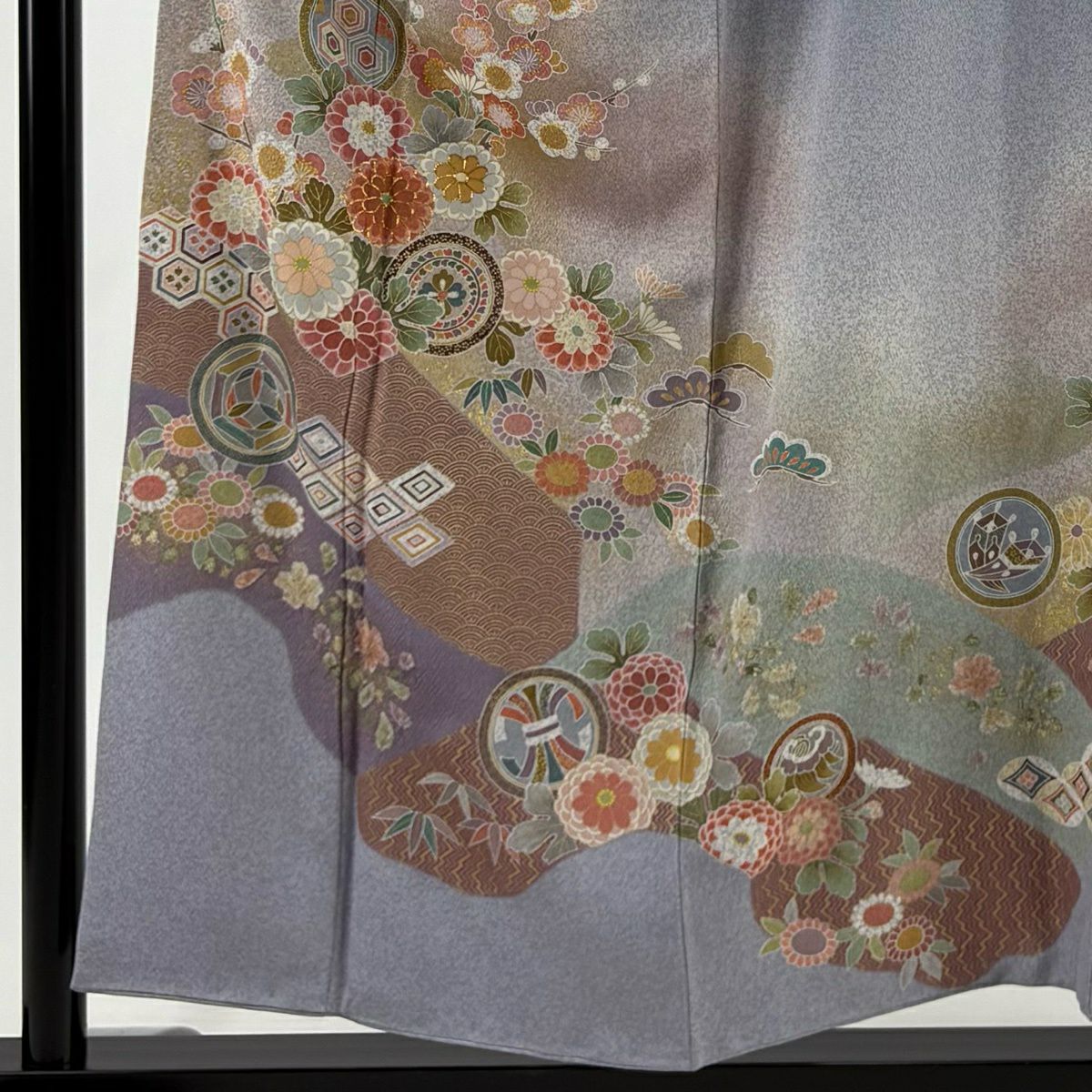訪問服 身長154.5cm 袖長61cm S 雙層 菊花 青海波 金絲 金銀彩 青灰 純蠶絲 秀品級