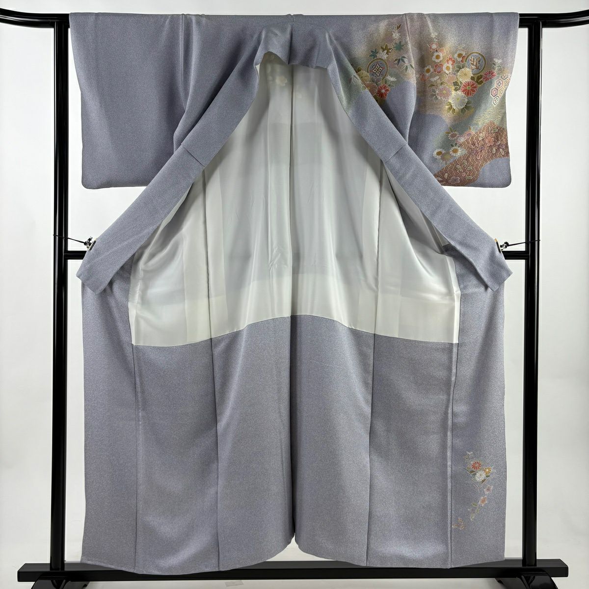 訪問服 身長154.5cm 袖長61cm S 雙層 菊花 青海波 金絲 金銀彩 青灰 純蠶絲 秀品級