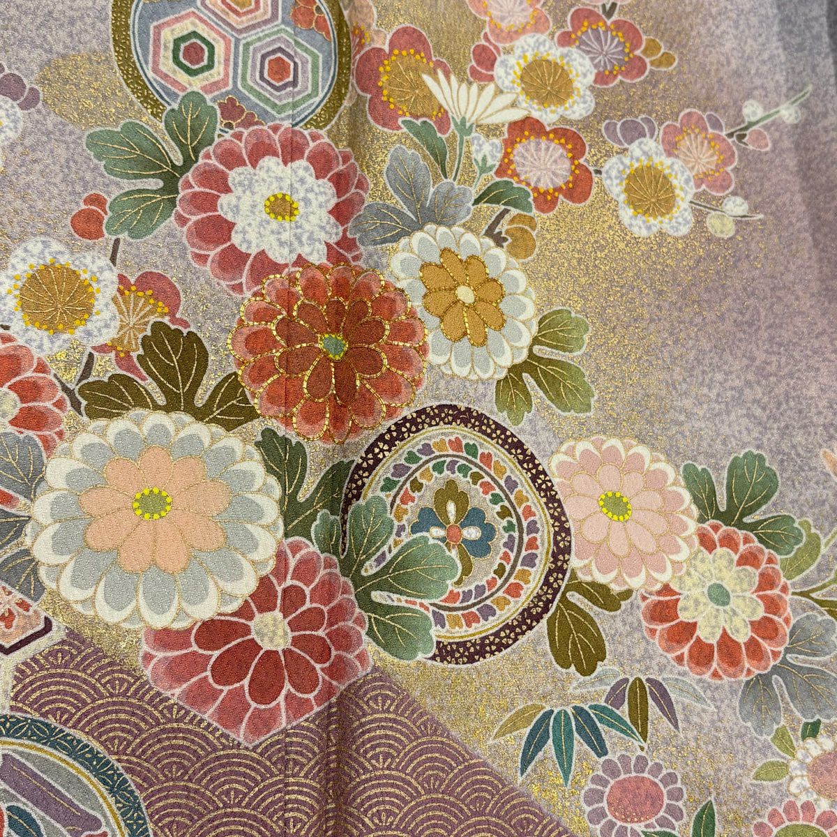 訪問服 身長154.5cm 袖長61cm S 雙層 菊花 青海波 金絲 金銀彩 青灰 純蠶絲 秀品級