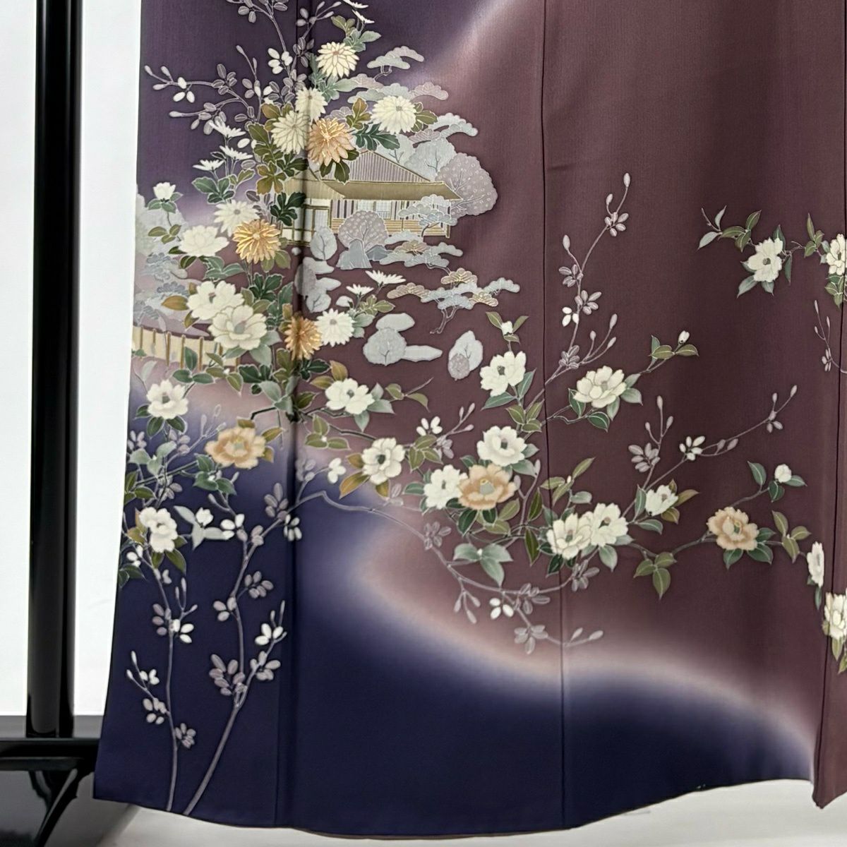 訪問服 身長162.5cm 袖長65cm M 雙層 菊花 家屋 金絲 金銀彩 紫 純蠶絲 秀品級