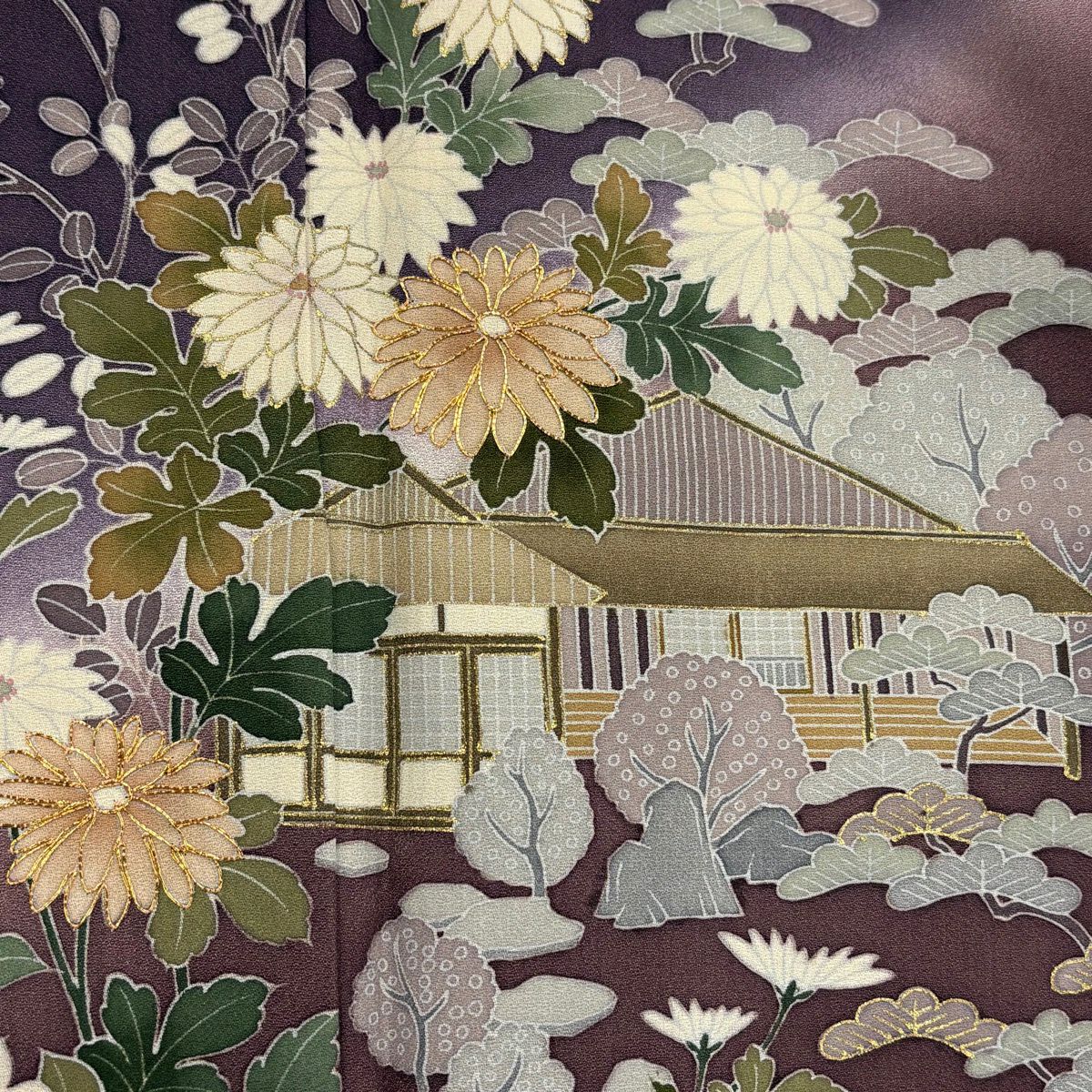 訪問服 身長162.5cm 袖長65cm M 雙層 菊花 家屋 金絲 金銀彩 紫 純蠶絲 秀品級