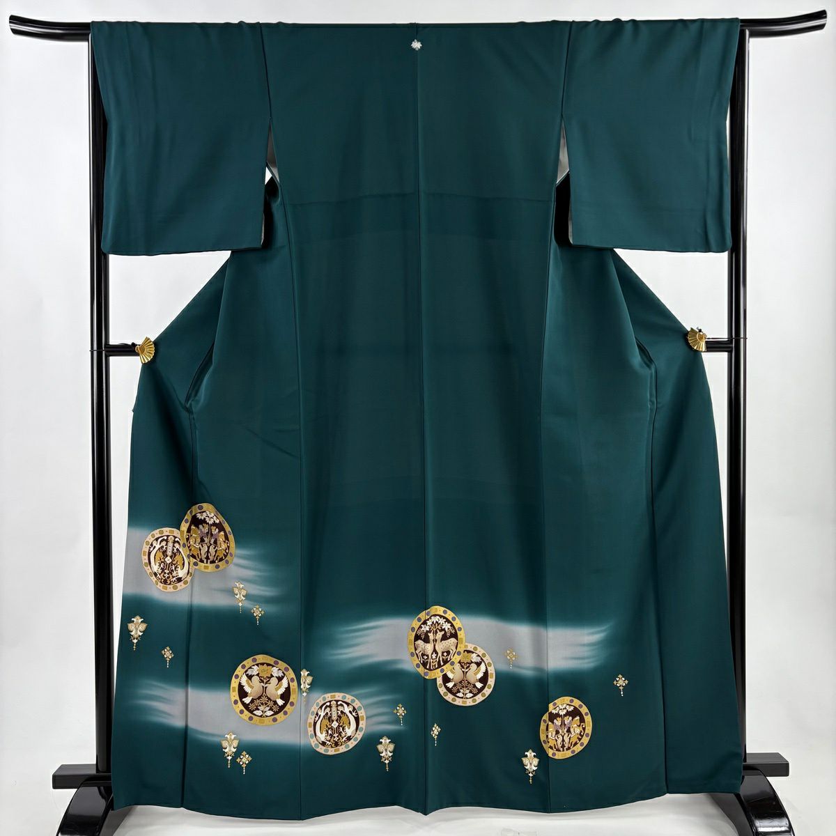 色留袖禮服 身長165.5cm 袖長64.5cm M 雙層 狩獵紋 向鳥 金銀彩 金絲 深綠 純蠶絲 秀品級 一個紋
