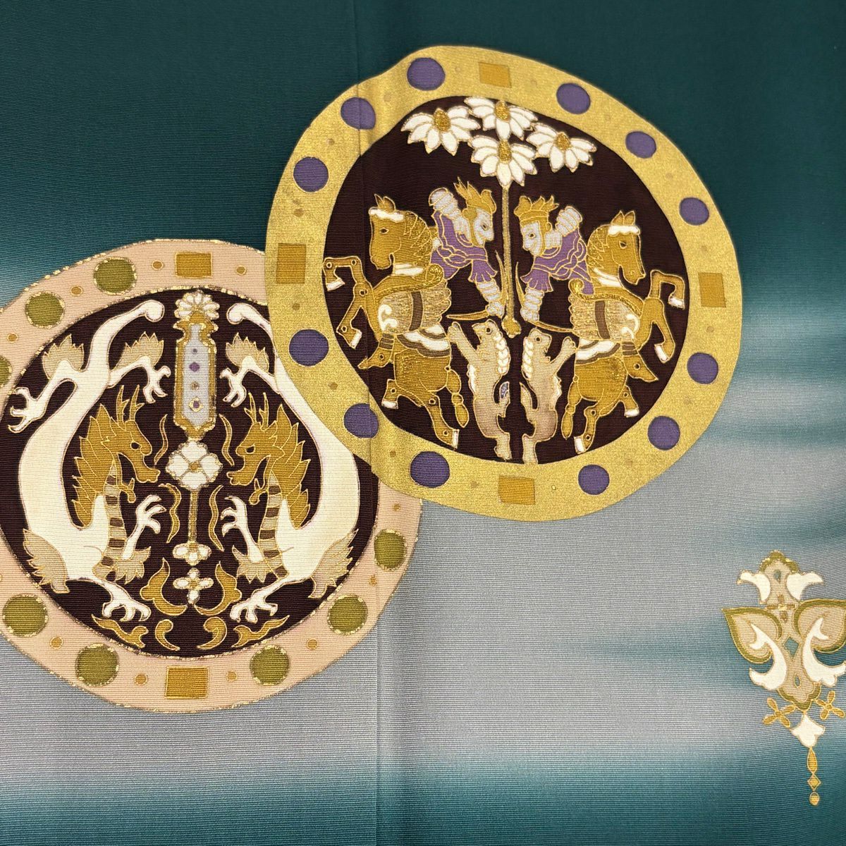 色留袖禮服 身長165.5cm 袖長64.5cm M 雙層 狩獵紋 向鳥 金銀彩 金絲 深綠 純蠶絲 秀品級 一個紋