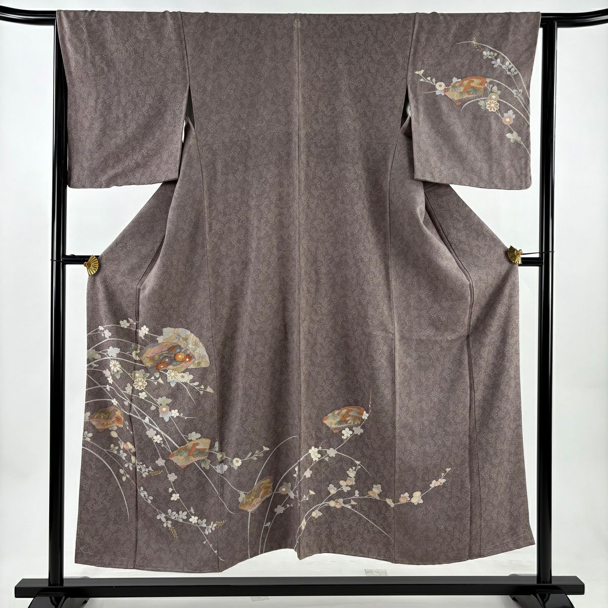 付下 身長151cm 袖長64cm M 雙層 扇子面 草花紋刺繡 金彩裝飾 灰紫 純蠶絲 秀品級 一つ紋