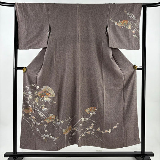 付下 身長151cm 袖長64cm M 雙層 扇子面 草花紋刺繡 金彩裝飾 灰紫 純蠶絲 秀品級 一つ紋