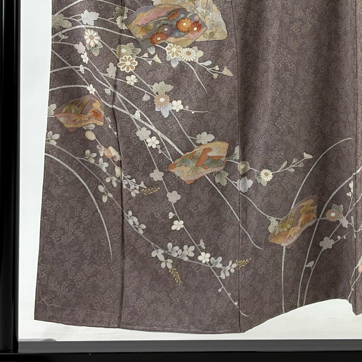 付下 身長151cm 袖長64cm M 雙層 扇子面 草花紋刺繡 金彩裝飾 灰紫 純蠶絲 秀品級 一つ紋