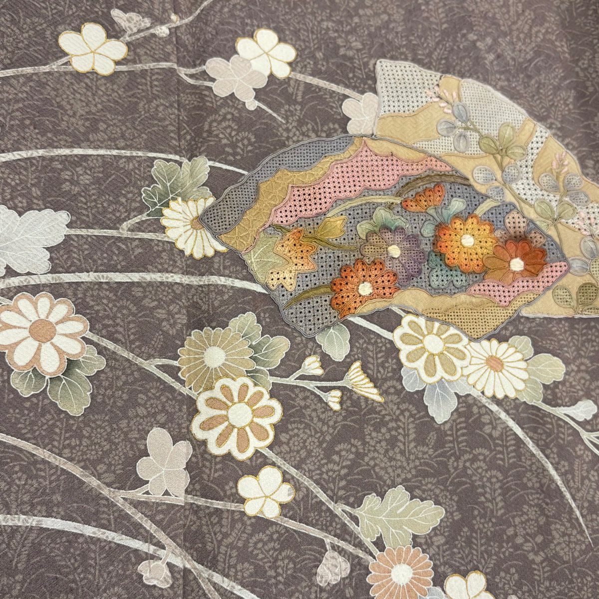 付下 身長151cm 袖長64cm M 雙層 扇子面 草花紋刺繡 金彩裝飾 灰紫 純蠶絲 秀品級 一つ紋