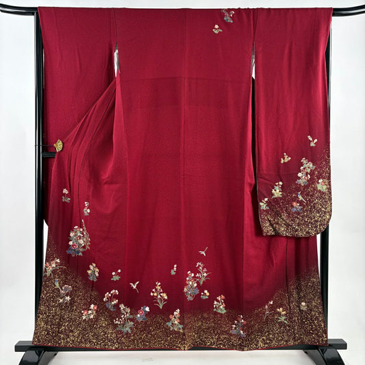 【美品】振袖禮服 身長157cm 袖長65.5cm M 雙層 鈴乃屋 草花紋紋 金彩裝飾 漸層 紅 純蠶絲 優品級