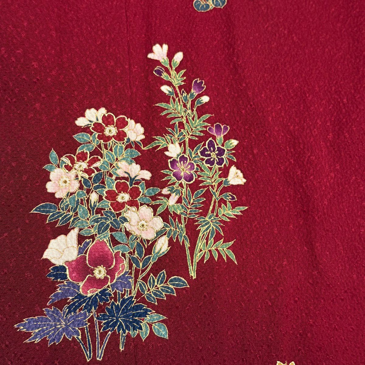 【美品】振袖禮服 身長157cm 袖長65.5cm M 雙層 鈴乃屋 草花紋紋 金彩裝飾 漸層 紅 純蠶絲 優品級