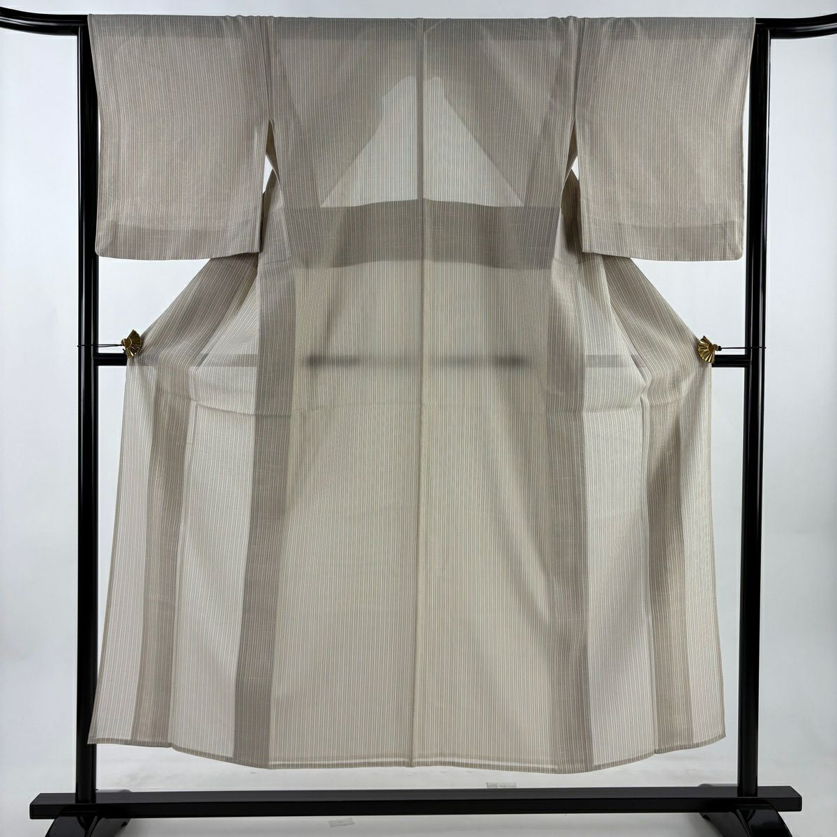 【美品】 紬織 身長150.5cm 袖長63.5cm S 薄物 夏紬織 垂直條紋 米色 純蠶絲 優品級