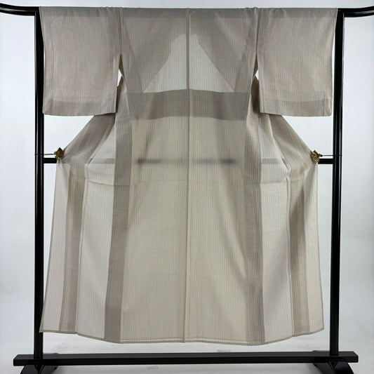 【美品】 紬織 身長150.5cm 袖長63.5cm S 薄物 夏紬織 垂直條紋 米色 純蠶絲 優品級