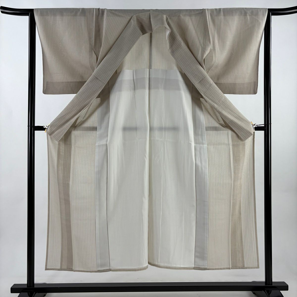 【美品】 紬織 身長150.5cm 袖長63.5cm S 薄物 夏紬織 垂直條紋 米色 純蠶絲 優品級