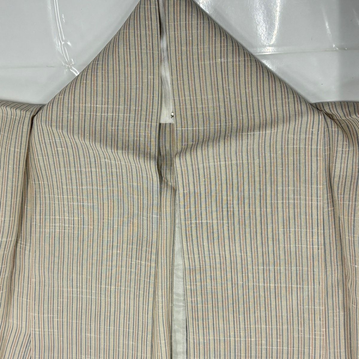 【美品】 紬織 身長150.5cm 袖長63.5cm S 薄物 夏紬織 垂直條紋 米色 純蠶絲 優品級