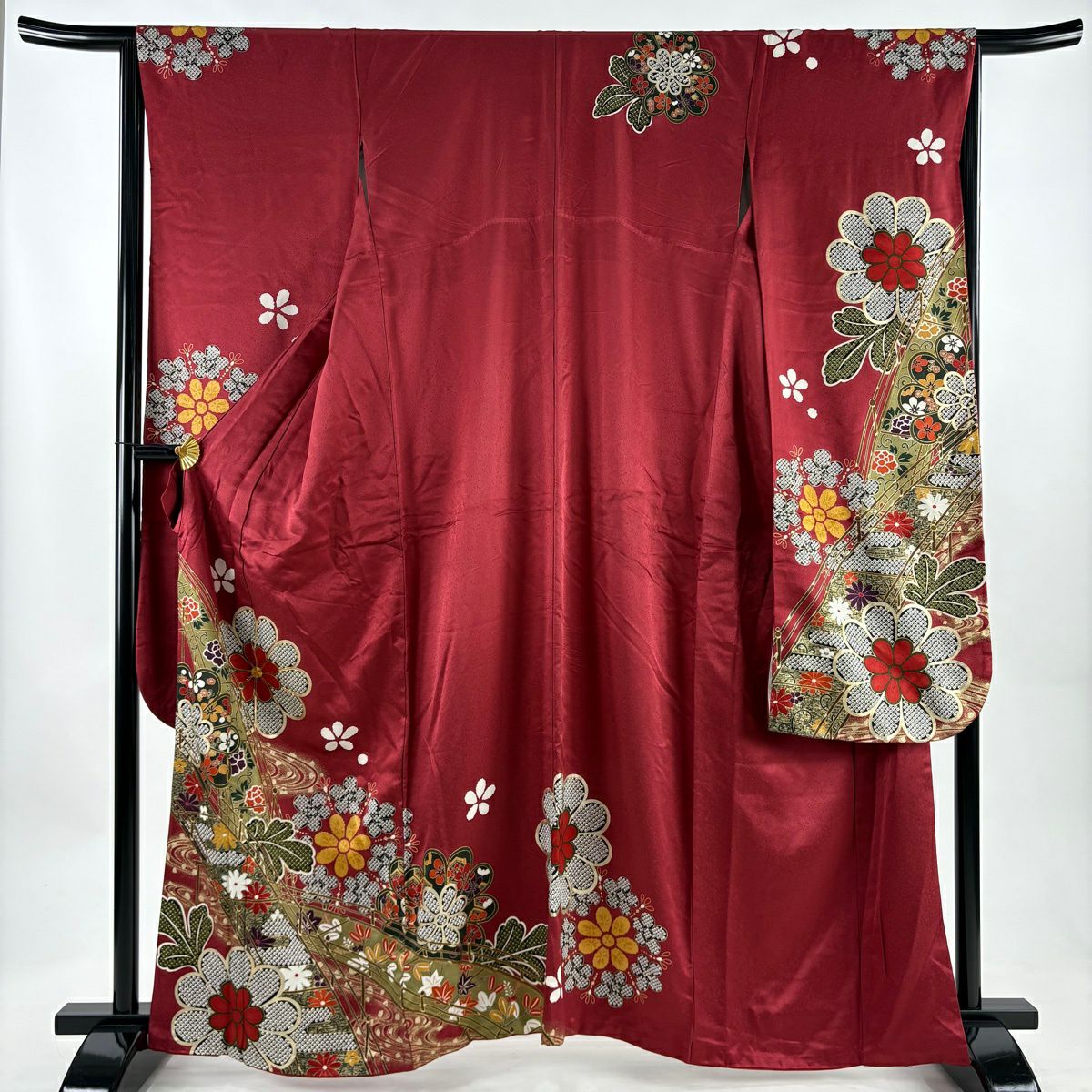 振袖禮服 身長162.5cm 袖長65cm M 雙層 橋 菊花 金銀彩 金絲 紅 純蠶絲 秀品級