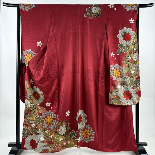 振袖禮服 身長162.5cm 袖長65cm M 雙層 橋 菊花 金銀彩 金絲 紅 純蠶絲 秀品級