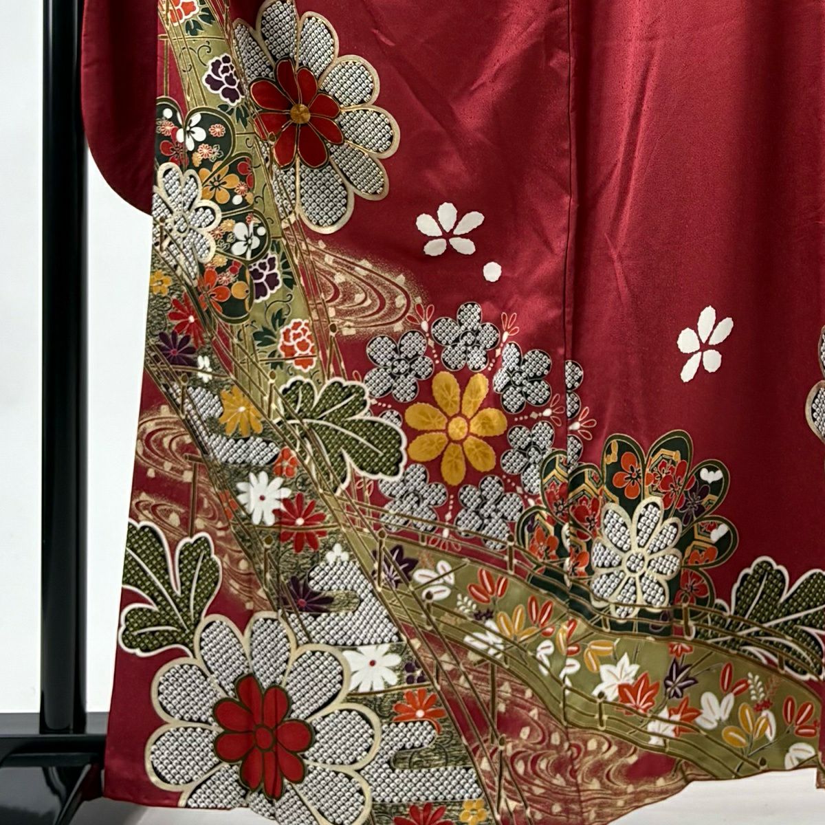 振袖禮服 身長162.5cm 袖長65cm M 雙層 橋 菊花 金銀彩 金絲 紅 純蠶絲 秀品級