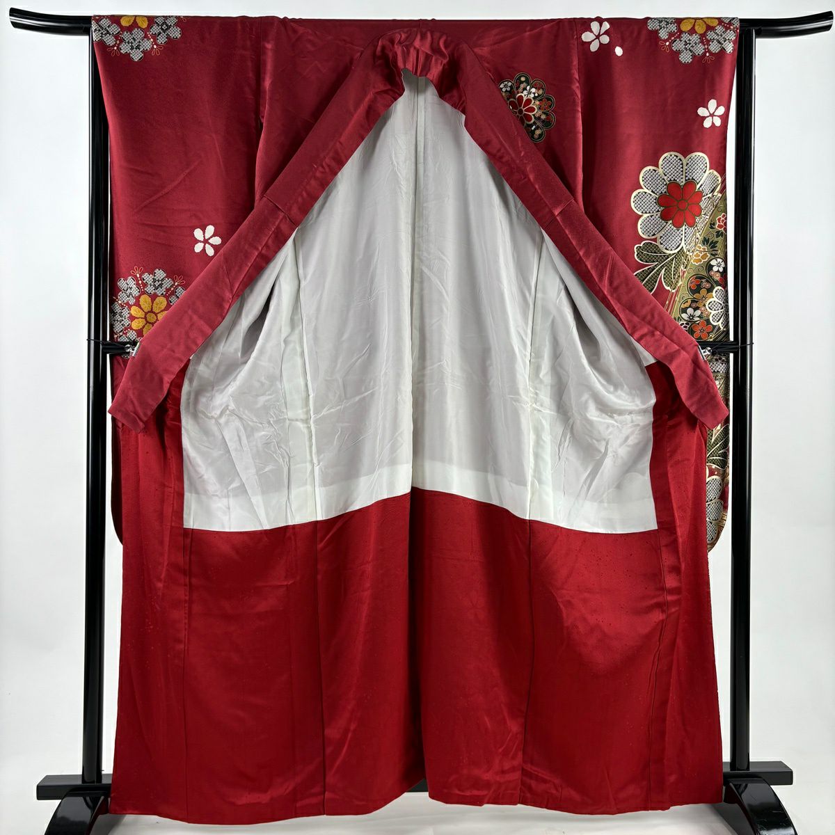 振袖禮服 身長162.5cm 袖長65cm M 雙層 橋 菊花 金銀彩 金絲 紅 純蠶絲 秀品級