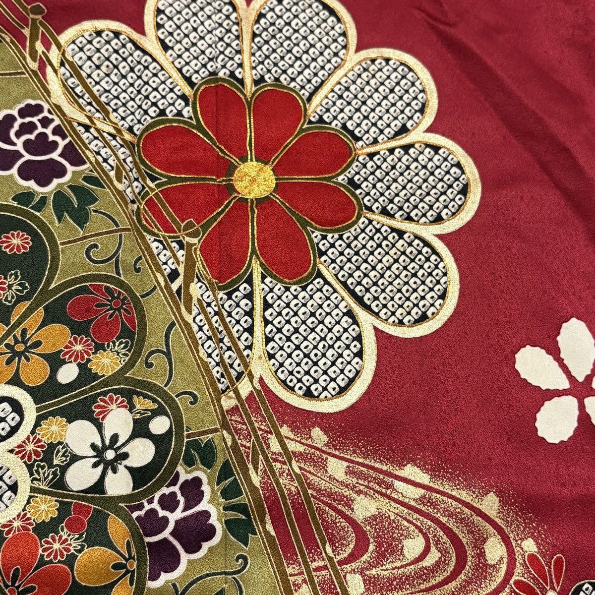 振袖禮服 身長162.5cm 袖長65cm M 雙層 橋 菊花 金銀彩 金絲 紅 純蠶絲 秀品級