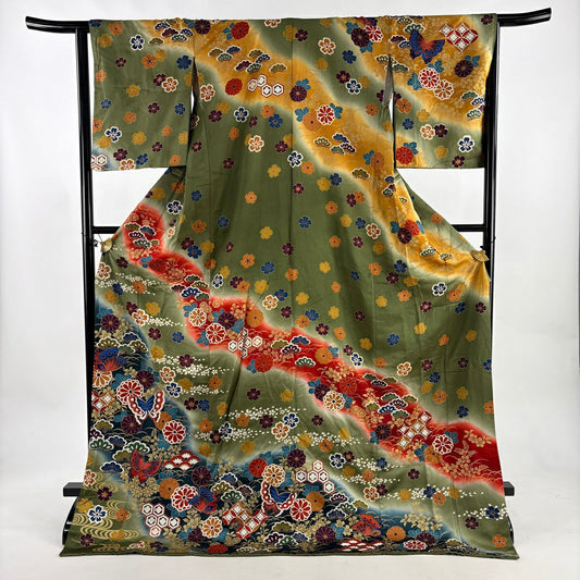 訪問服 身長179cm 袖長63.5cm S 雙層 蝶 草花紋 金彩裝飾 染分 綠 純蠶絲 秀品級