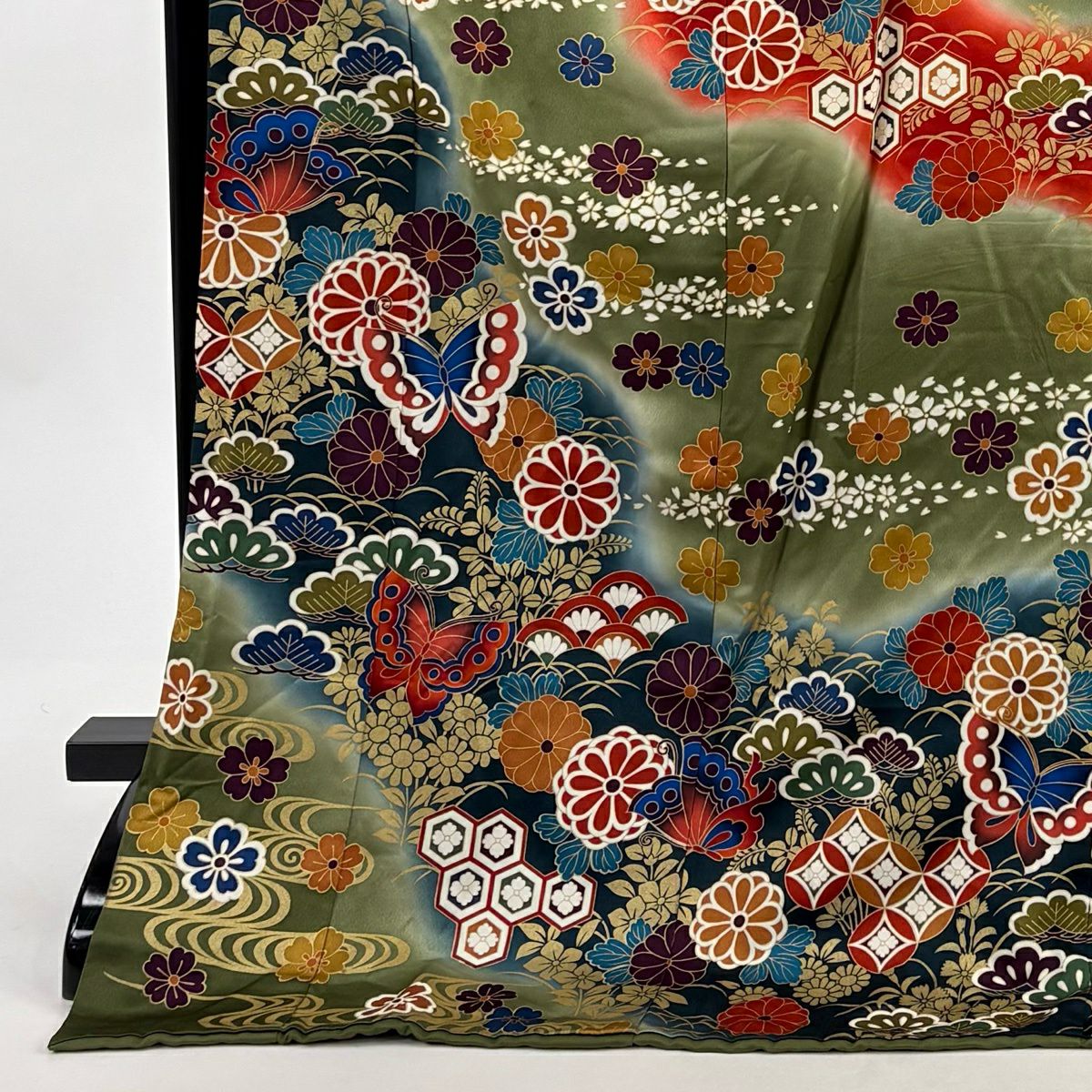 訪問服 身長179cm 袖長63.5cm S 雙層 蝶 草花紋 金彩裝飾 染分 綠 純蠶絲 秀品級